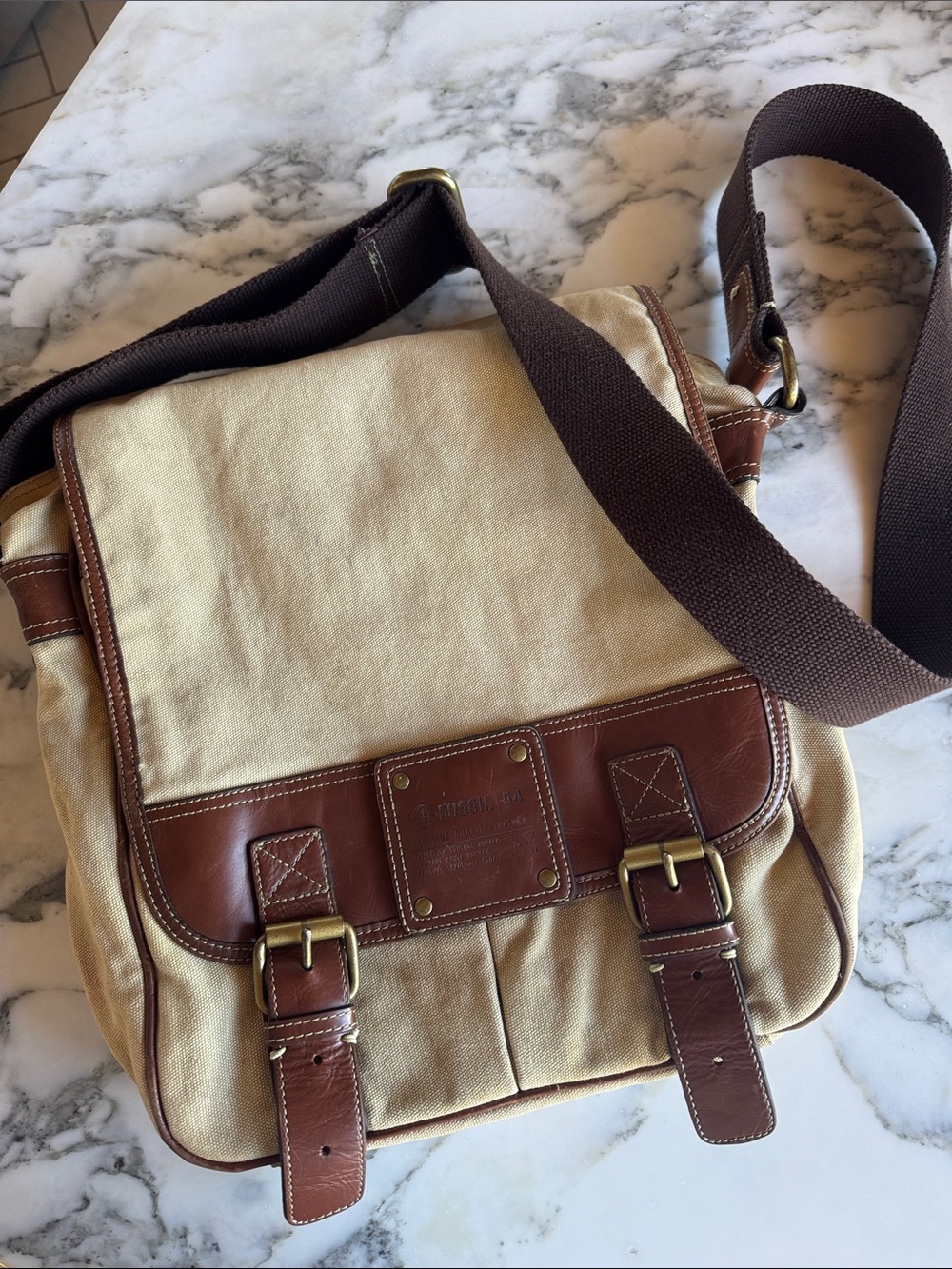 FOSSIL 1954 VTG Canvas Messenger Bag with Brown Leather Trim - Men's Crossbody